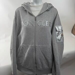 Moncler Men’s 2XL Gray Zip-Up Hoodie – Metallic Puffed Lettering (NWOT)